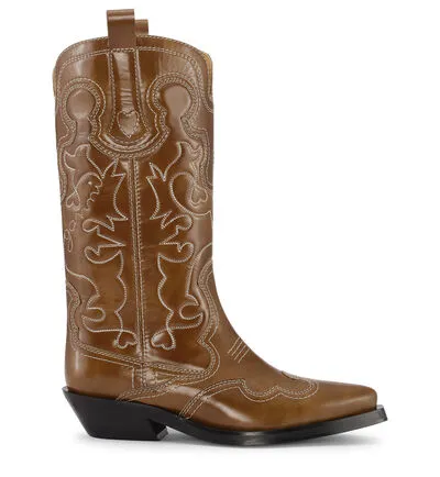 AccessoriesShoes GANNI Boots Brown Mid Shaft Embroidered Western Boots Tiger039s Eye