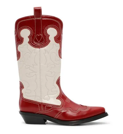 AccessoriesShoes GANNI Boots RedWhite Mid Shaft Embroidered Western Boots Barbados Cherry
