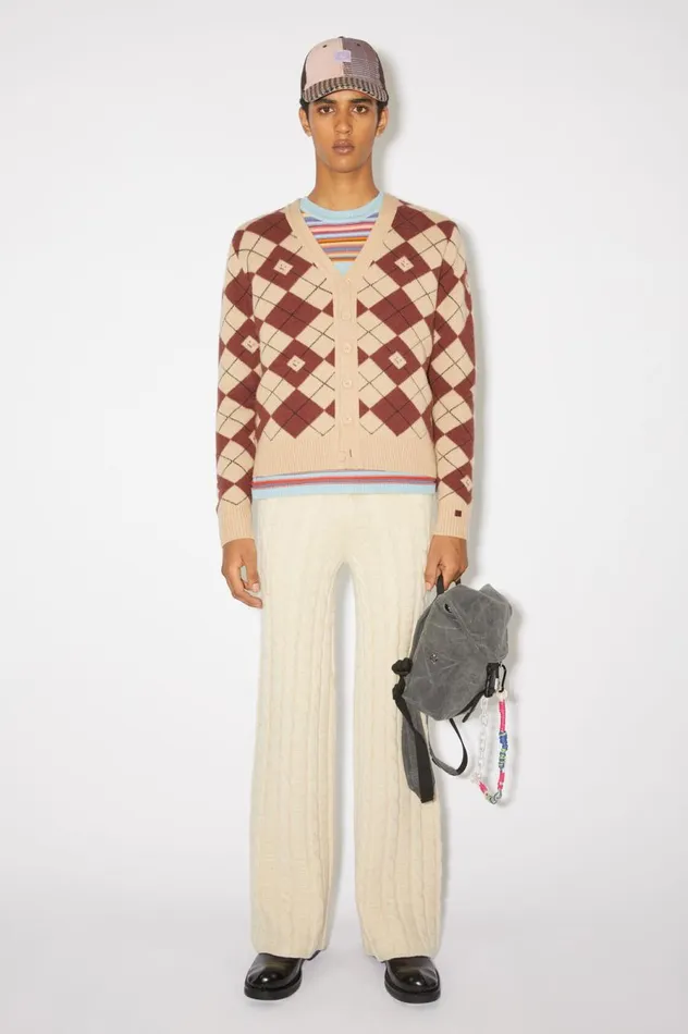 Acne Studios Argyle Jacquard Cardigan Biscuit Beigedeep Red Women Knitwear