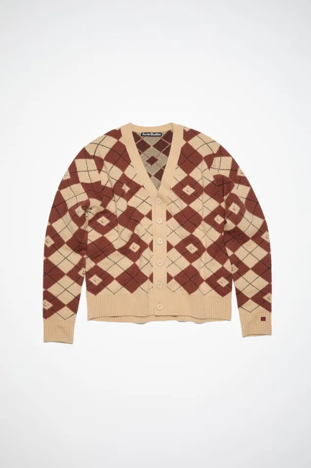 Acne Studios Argyle Jacquard Cardigan Biscuit Beigedeep Red Women Knitwear
