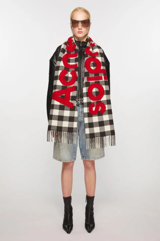 Acne Studios Check Logo Scarf Carbon Greyred Men Scarves