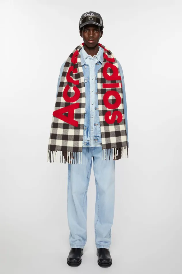 Acne Studios Check Logo Scarf Carbon Greyred Men Scarves