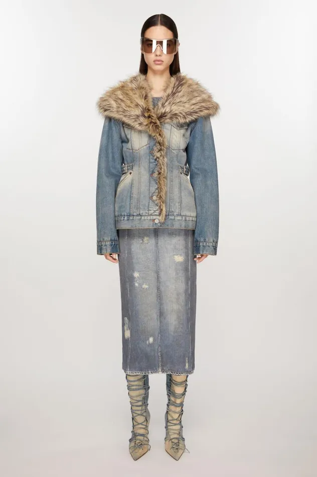 Acne Studios Furry Trim Denim Jacket Mid Blue Women Outerwear