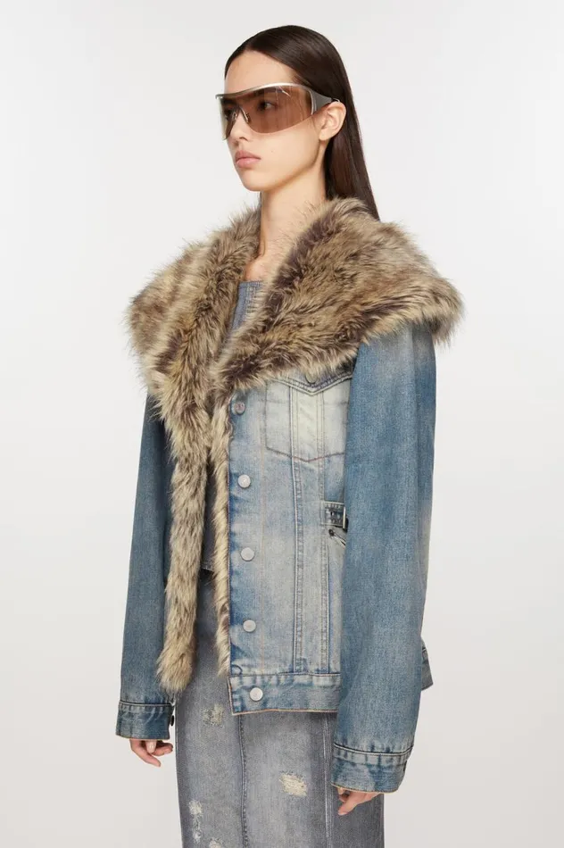 Acne Studios Furry Trim Denim Jacket Mid Blue Women Outerwear