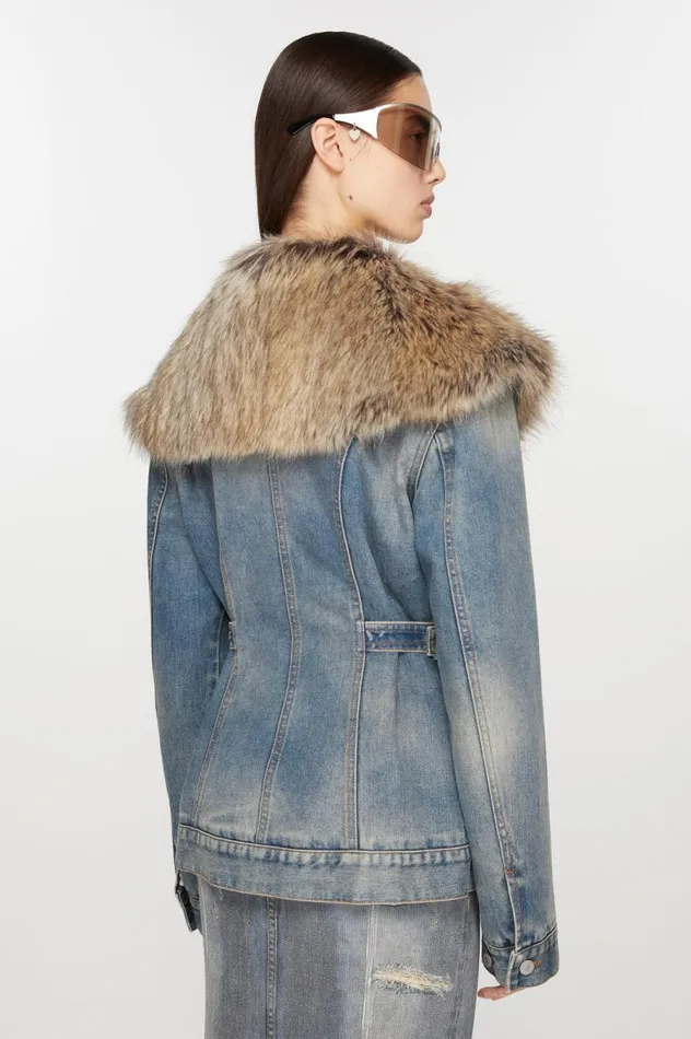 Acne Studios Furry Trim Denim Jacket Mid Blue Women Outerwear