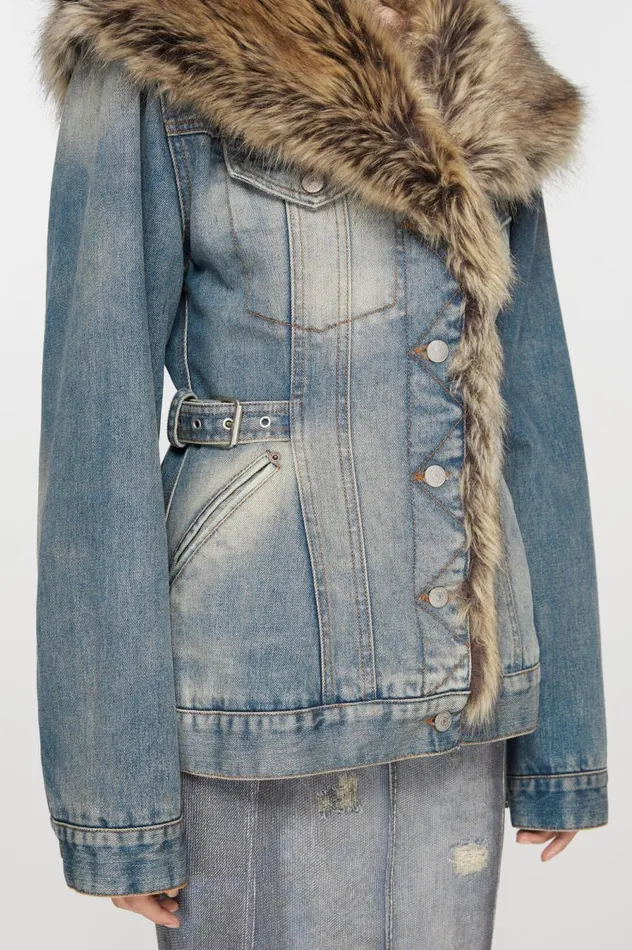 Acne Studios Furry Trim Denim Jacket Mid Blue Women Outerwear