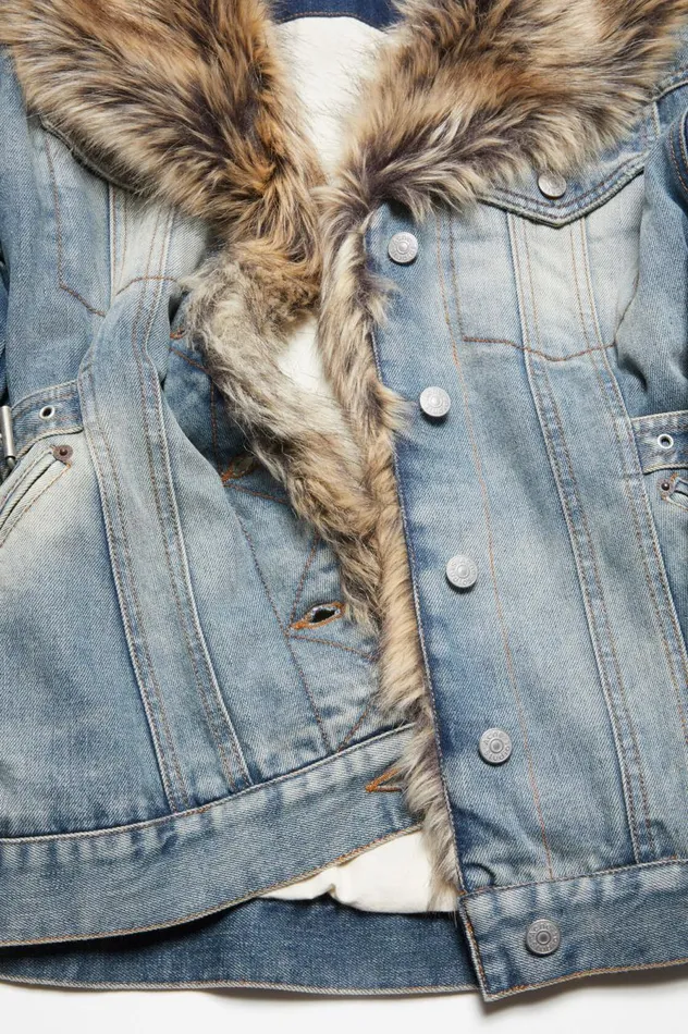 Acne Studios Furry Trim Denim Jacket Mid Blue Women Outerwear