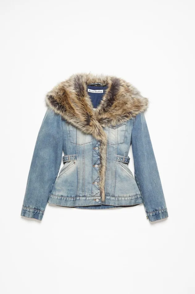 Acne Studios Furry Trim Denim Jacket Mid Blue Women Outerwear