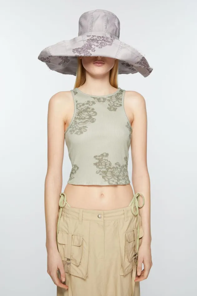 Acne Studios Printed Lace Tank Top Sage Green Women Tshirts