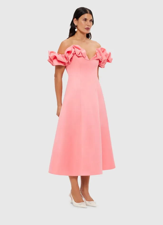 Annie Off Shoulder Frill Midi Dress 8211 Strawberry Pink Women Dresses and Jumpsuits LEO LIN