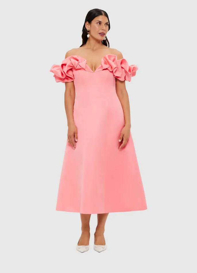 Annie Off Shoulder Frill Midi Dress 8211 Strawberry Pink Women Dresses and Jumpsuits LEO LIN