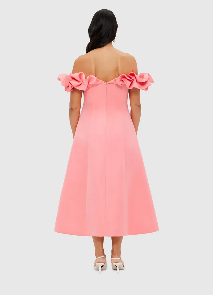 Annie Off Shoulder Frill Midi Dress 8211 Strawberry Pink Women Dresses and Jumpsuits LEO LIN