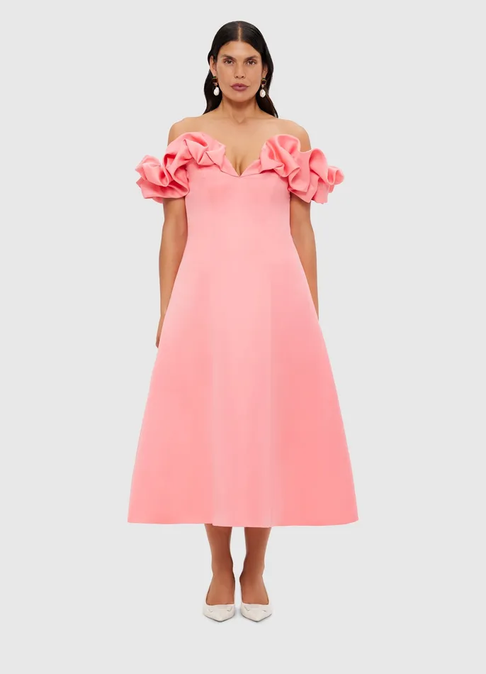 Annie Off Shoulder Frill Midi Dress 8211 Strawberry Pink Women Dresses and Jumpsuits LEO LIN