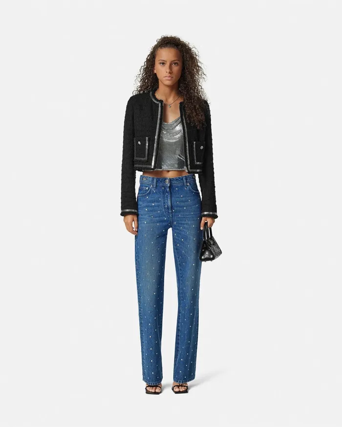 Blazer and Jackets Women Versace Heritage Tweed Cardigan Jacket Black