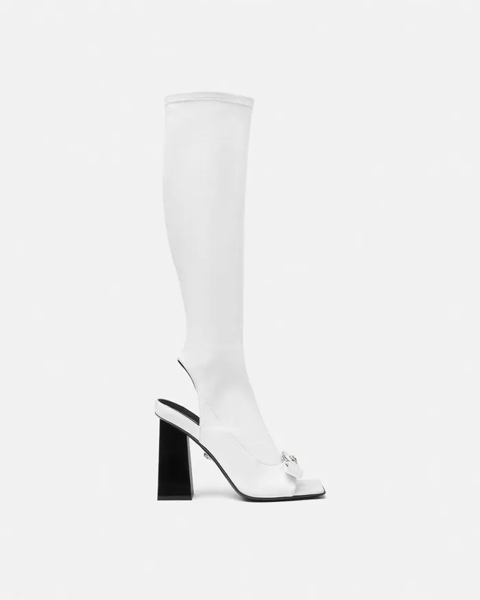Boots Women Versace Gianni Ribbon Open KneeHigh Boots 105 Mm White