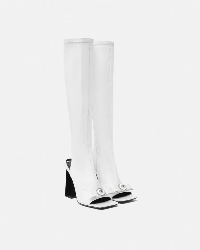 Boots Women Versace Gianni Ribbon Open KneeHigh Boots 105 Mm White