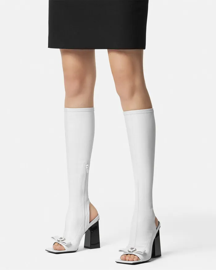 Boots Women Versace Gianni Ribbon Open KneeHigh Boots 105 Mm White