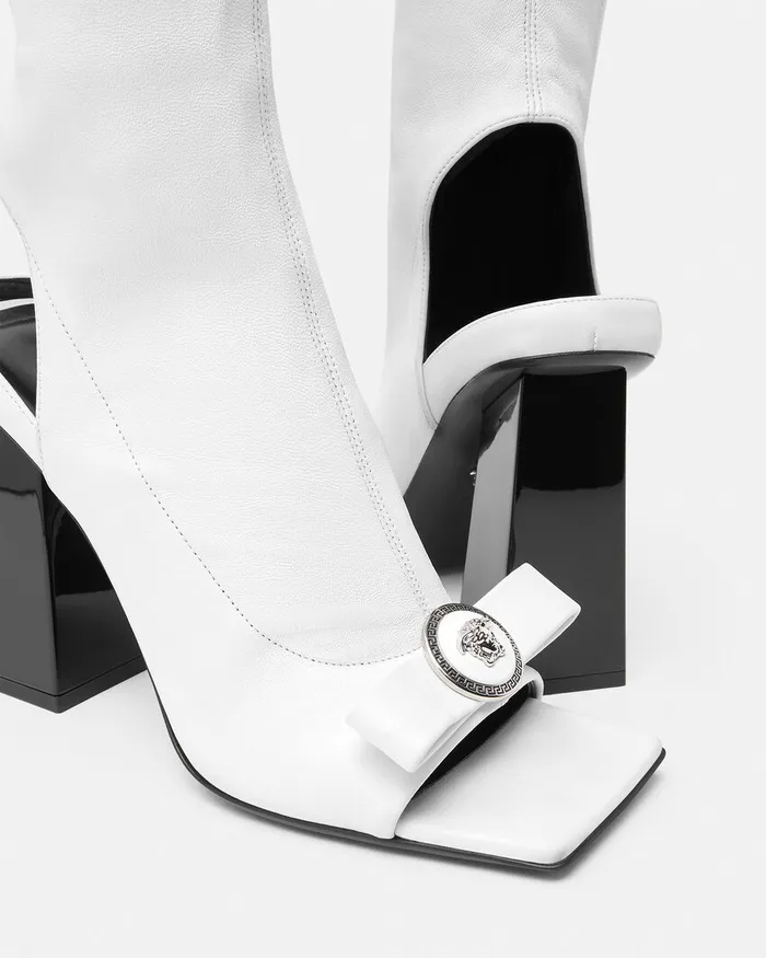 Boots Women Versace Gianni Ribbon Open KneeHigh Boots 105 Mm White