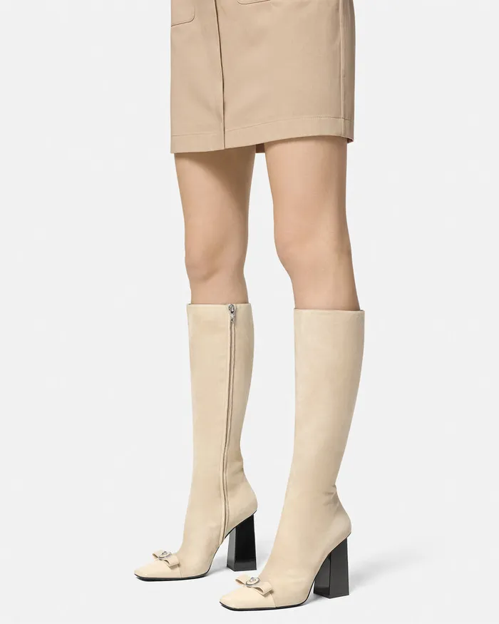 Boots Women Versace Gianni Ribbon Suede Boots 41034 105 Mm Beige