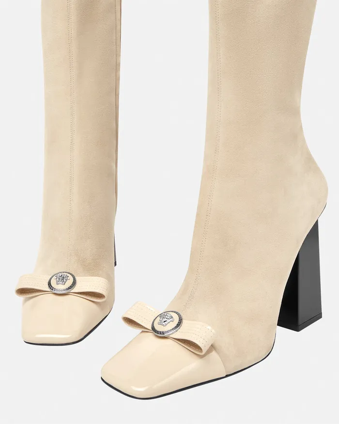 Boots Women Versace Gianni Ribbon Suede Boots 41034 105 Mm Beige