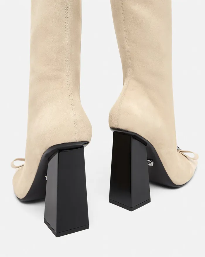 Boots Women Versace Gianni Ribbon Suede Boots 41034 105 Mm Beige