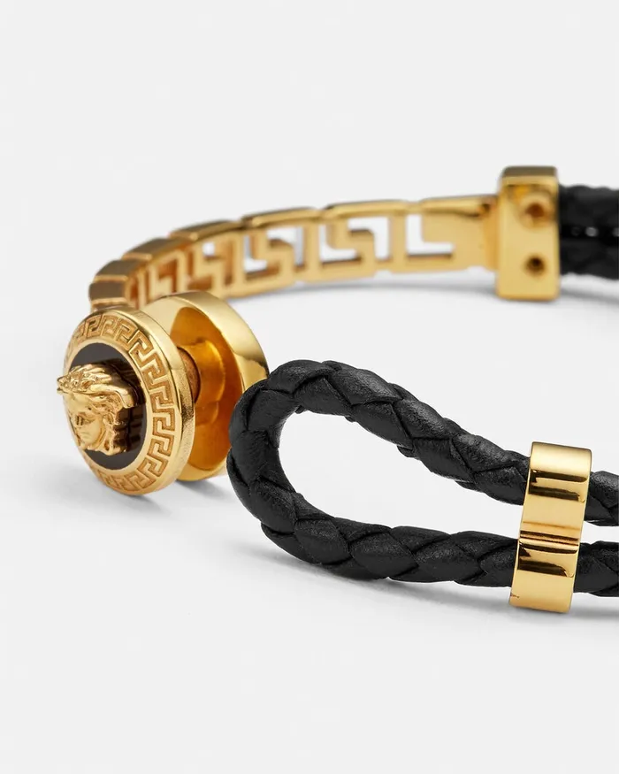 Bracelets WomenMen Versace Greca Braided Leather Bracelet Blackgold