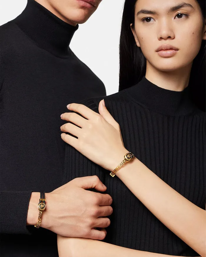 Bracelets WomenMen Versace Greca Braided Leather Bracelet Blackgold