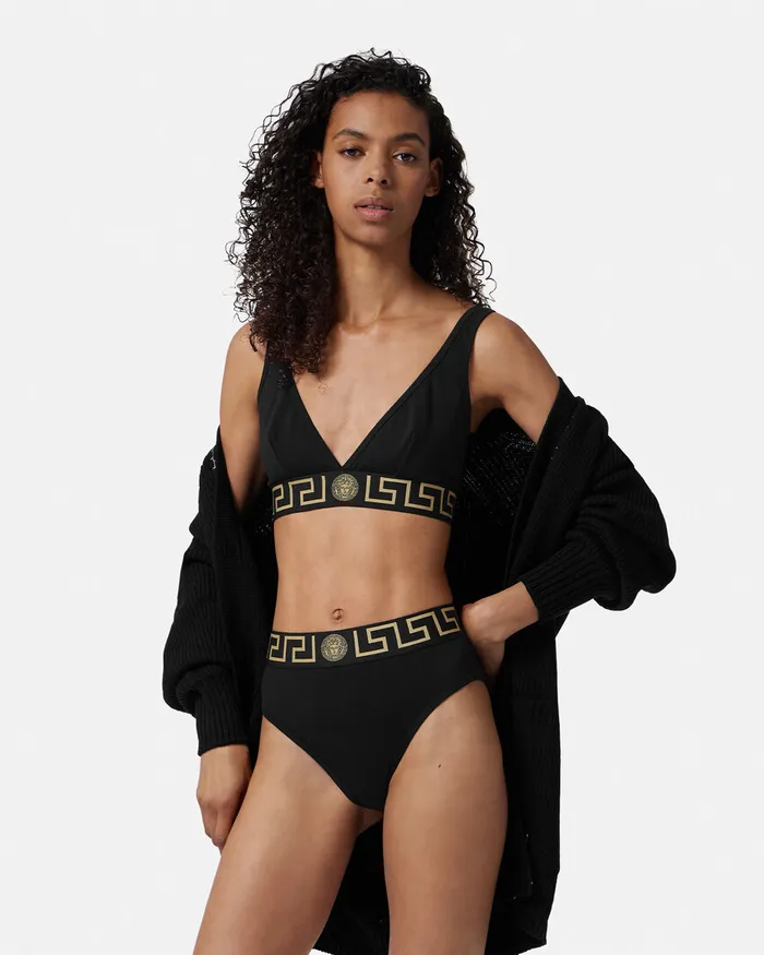 Bras and Briefs Women Versace Greca Border High Waist Briefs Black
