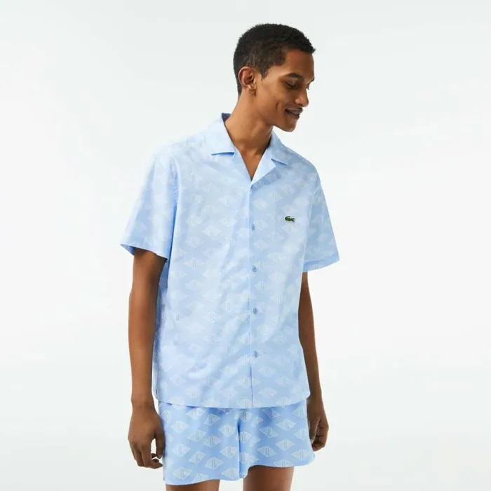Button Down Shirts Men Lacoste Mens Short Sleeve Monogram Shirt Blue White Fv2