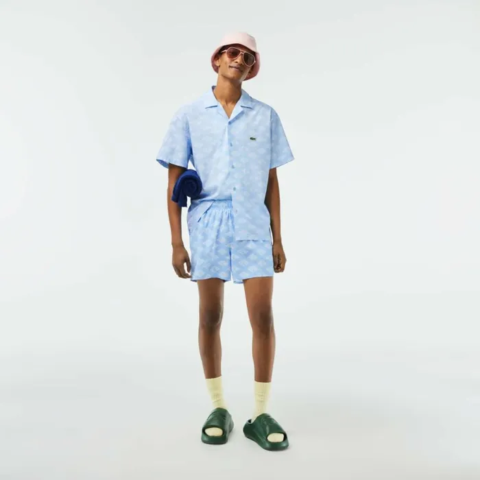 Button Down Shirts Men Lacoste Mens Short Sleeve Monogram Shirt Blue White Fv2
