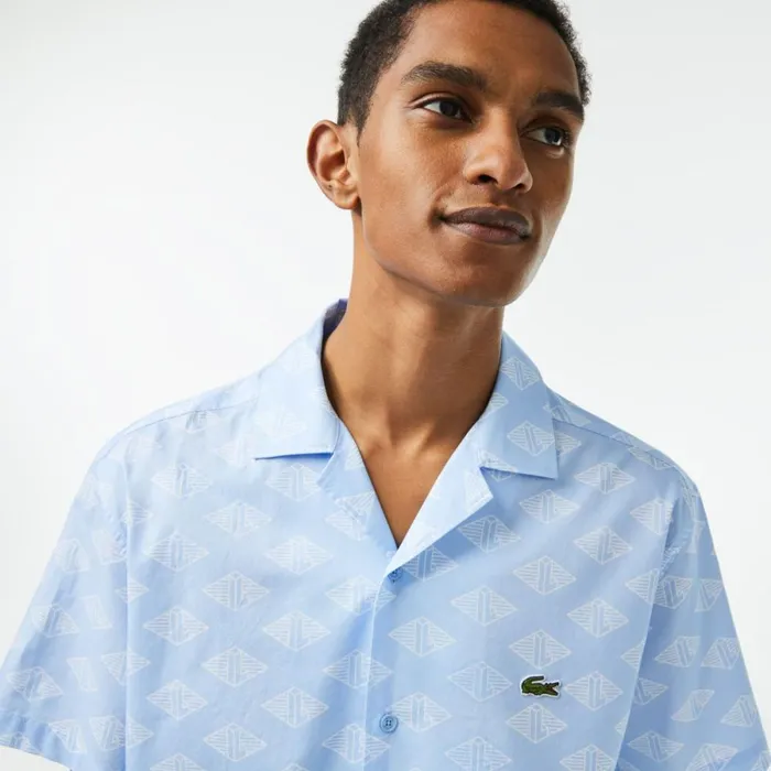 Button Down Shirts Men Lacoste Mens Short Sleeve Monogram Shirt Blue White Fv2