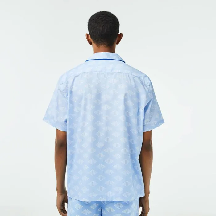 Button Down Shirts Men Lacoste Mens Short Sleeve Monogram Shirt Blue White Fv2
