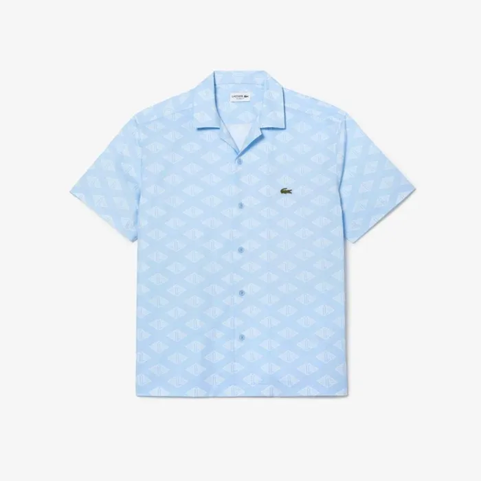 Button Down Shirts Men Lacoste Mens Short Sleeve Monogram Shirt Blue White Fv2