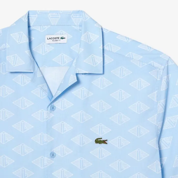 Button Down Shirts Men Lacoste Mens Short Sleeve Monogram Shirt Blue White Fv2