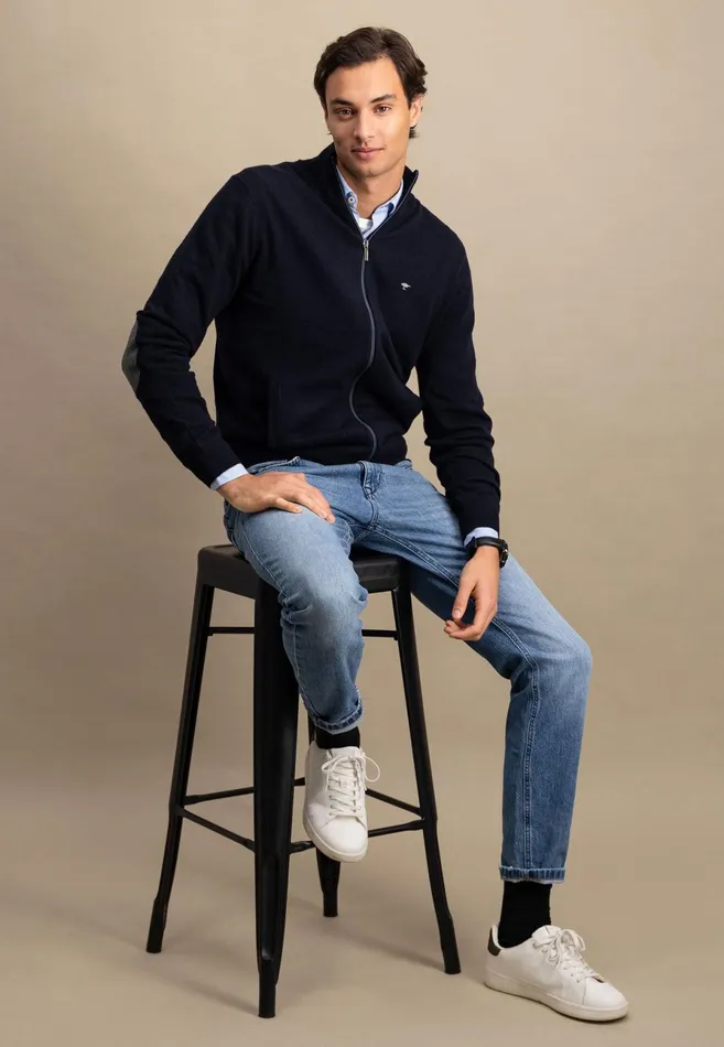 Cardigan Men FYNCHHATTON Parting Jacket Made Of Wool With Knitting Patches Navyhazel