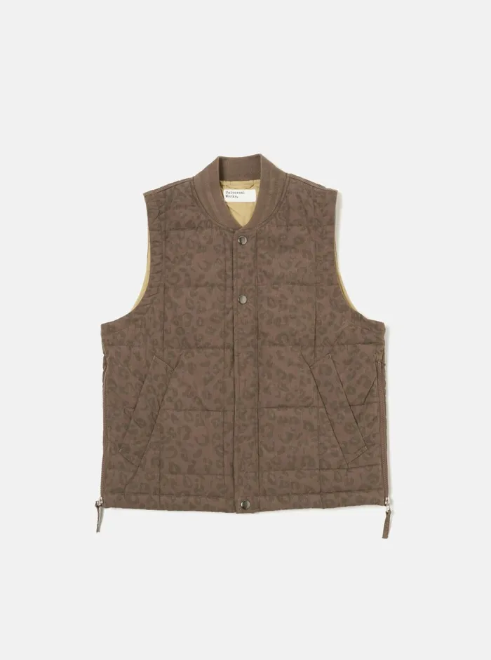 Carlton Gilet In Sand Leopard Recycled Polytech Men Universal Works Waistcoats and Gilets Carlton Gilet In Sand Leopard Recycled Polytech Men Universal Works Waistcoats and Gilets