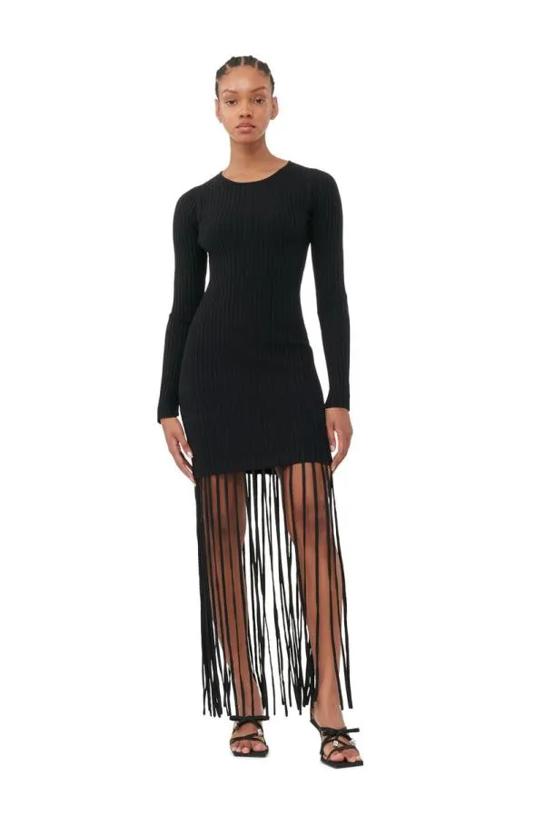 Clothing GANNI Dresses Black Melange Knit Fringe Mini Dress Black