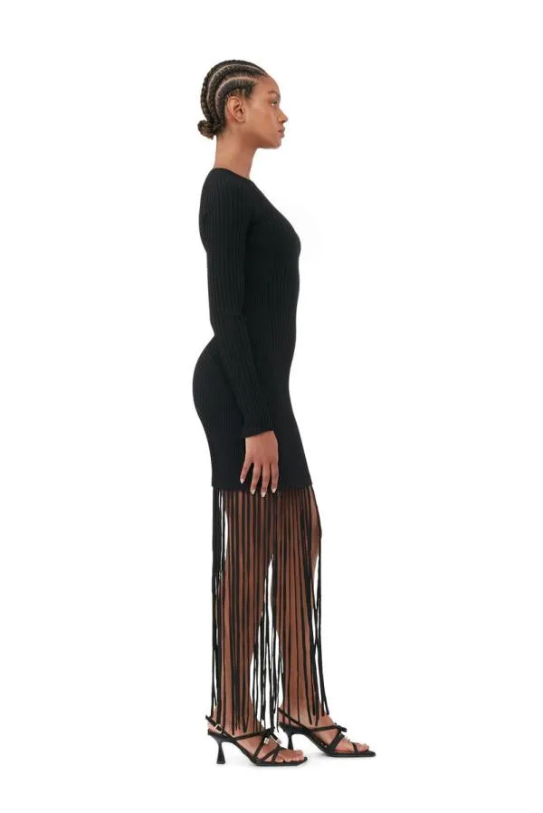 Clothing GANNI Dresses Black Melange Knit Fringe Mini Dress Black Clothing GANNI Dresses Black Melange Knit Fringe Mini Dress Black