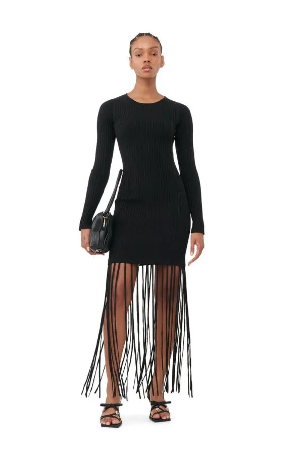 Clothing GANNI Dresses Black Melange Knit Fringe Mini Dress Black Clothing GANNI Dresses Black Melange Knit Fringe Mini Dress Black