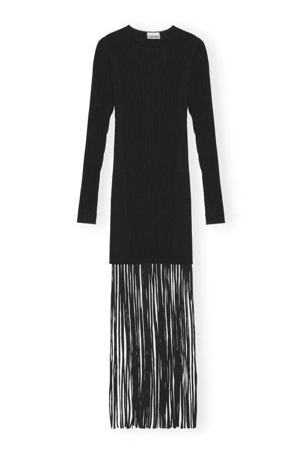 Clothing GANNI Dresses Black Melange Knit Fringe Mini Dress Black Clothing GANNI Dresses Black Melange Knit Fringe Mini Dress Black