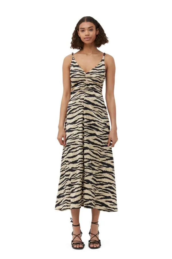 Clothing GANNI Dresses Crinkled Satin Maxi Strap Dress Pale Khaki