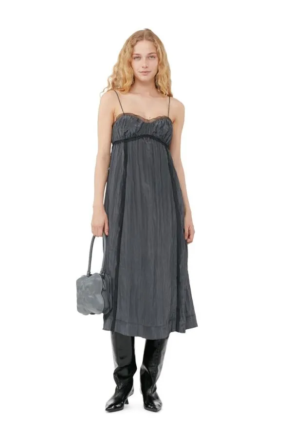 Clothing GANNI Dresses Grey Shiny Tech Strap Midi Dress Gray Pinstripe