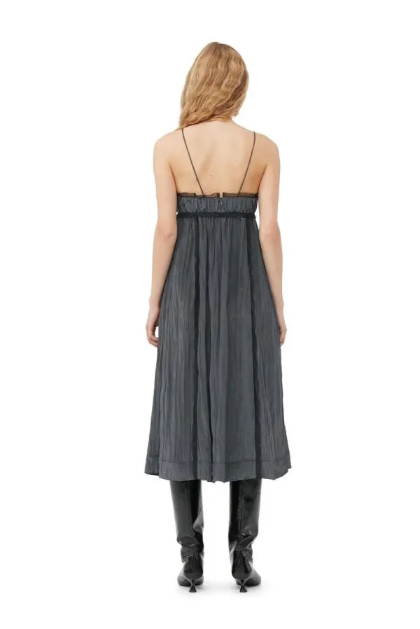 Clothing GANNI Dresses Grey Shiny Tech Strap Midi Dress Gray Pinstripe Clothing GANNI Dresses Grey Shiny Tech Strap Midi Dress Gray Pinstripe