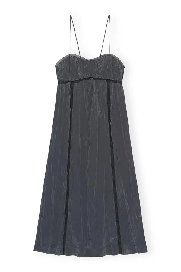 Clothing GANNI Dresses Grey Shiny Tech Strap Midi Dress Gray Pinstripe Clothing GANNI Dresses Grey Shiny Tech Strap Midi Dress Gray Pinstripe