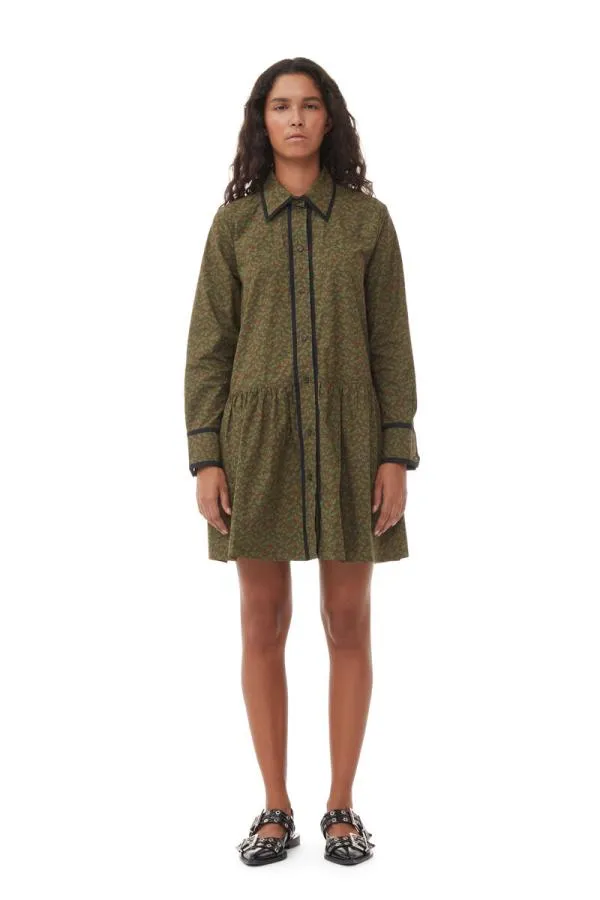 Clothing GANNI Dresses Printed Cotton Mini Shirt Dress Avocado