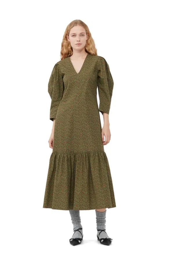 Clothing GANNI Dresses Printed Cotton Vneck Maxi Dress Avocado