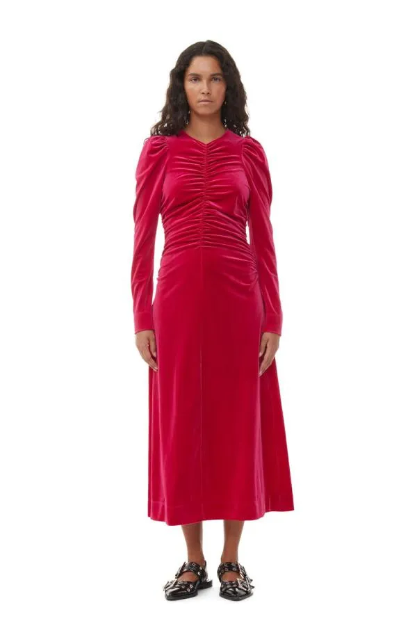 Clothing GANNI Dresses Red Velvet Jersey Gathered Long Dress Love Potion