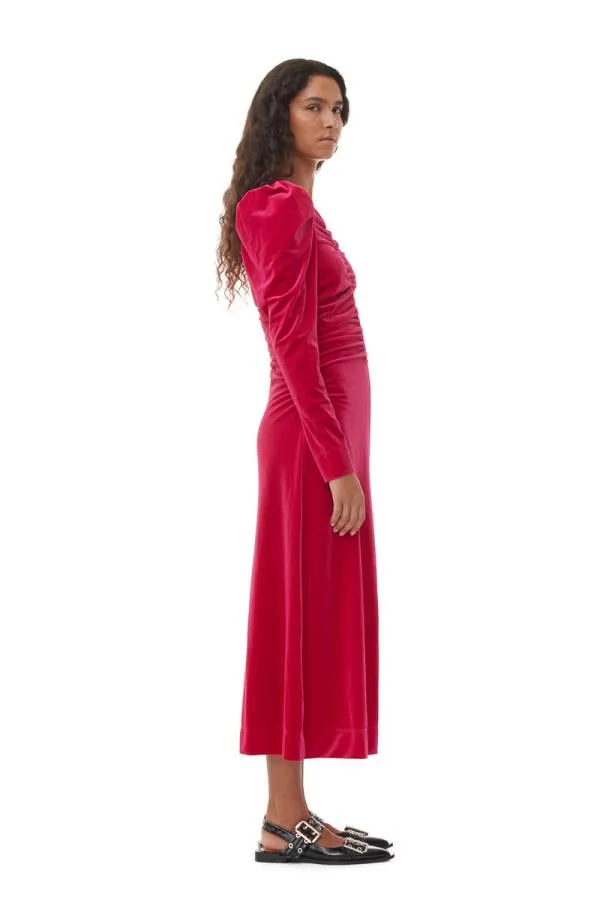 Clothing GANNI Dresses Red Velvet Jersey Gathered Long Dress Love Potion Clothing GANNI Dresses Red Velvet Jersey Gathered Long Dress Love Potion
