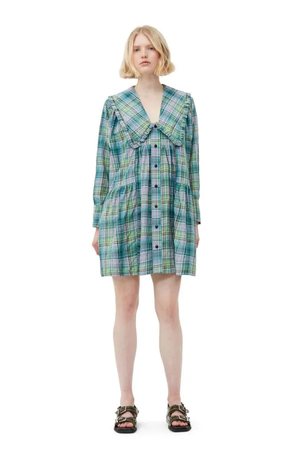 Clothing GANNI Dresses Seersucker Check Wide Shirt Dress Lagoon