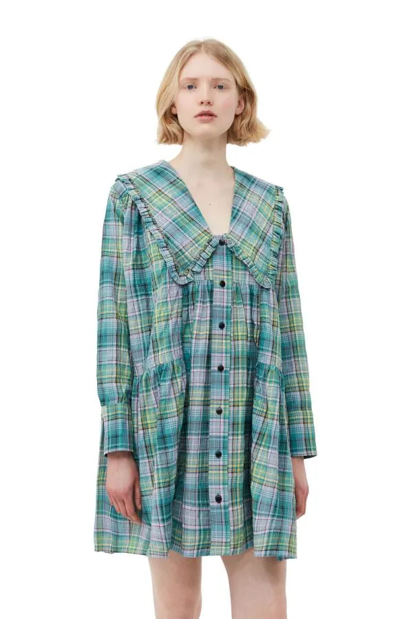 Clothing GANNI Dresses Seersucker Check Wide Shirt Dress Lagoon Clothing GANNI Dresses Seersucker Check Wide Shirt Dress Lagoon